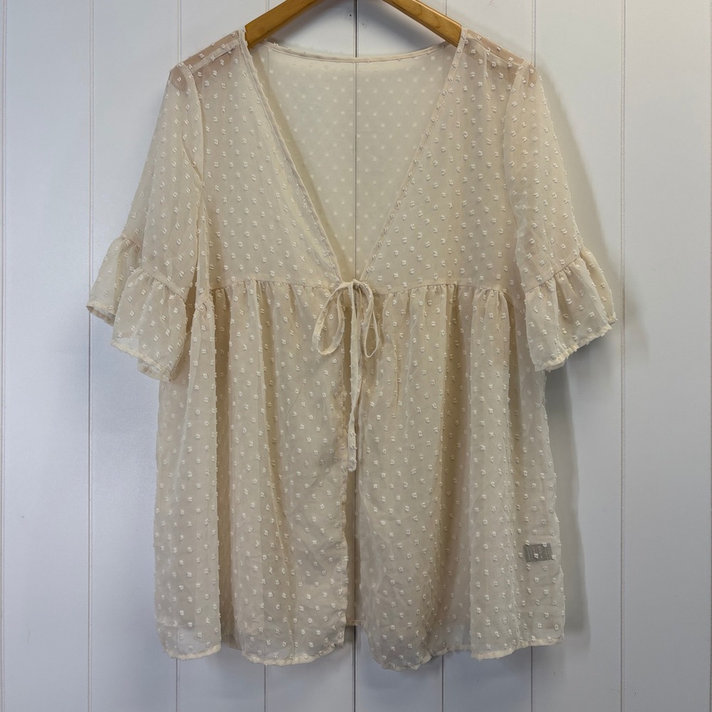 Women Boho Festival Swiss Dot Kimono Cardigan Size L Cottage Coquette Romantic